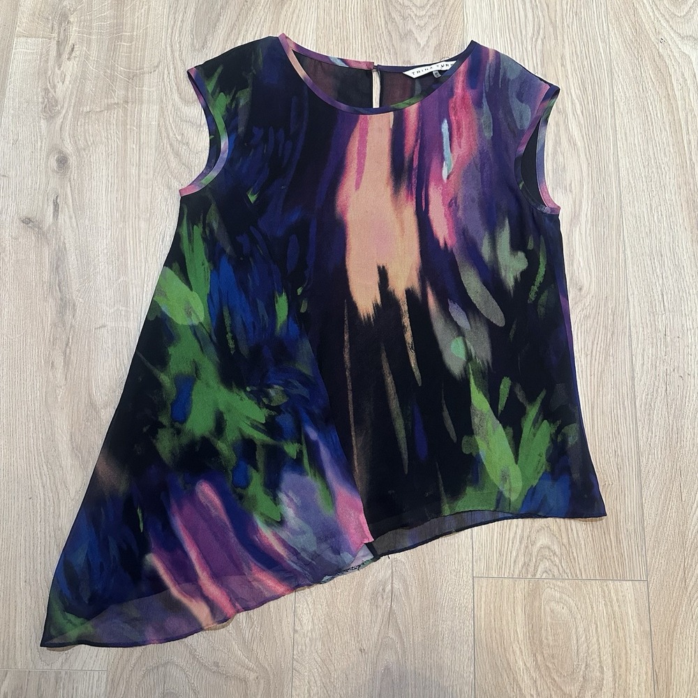 TRINA TURK 100% Silk Asymmetric Hem Tank Top Blouse Multicolor Floral Sz M EUC